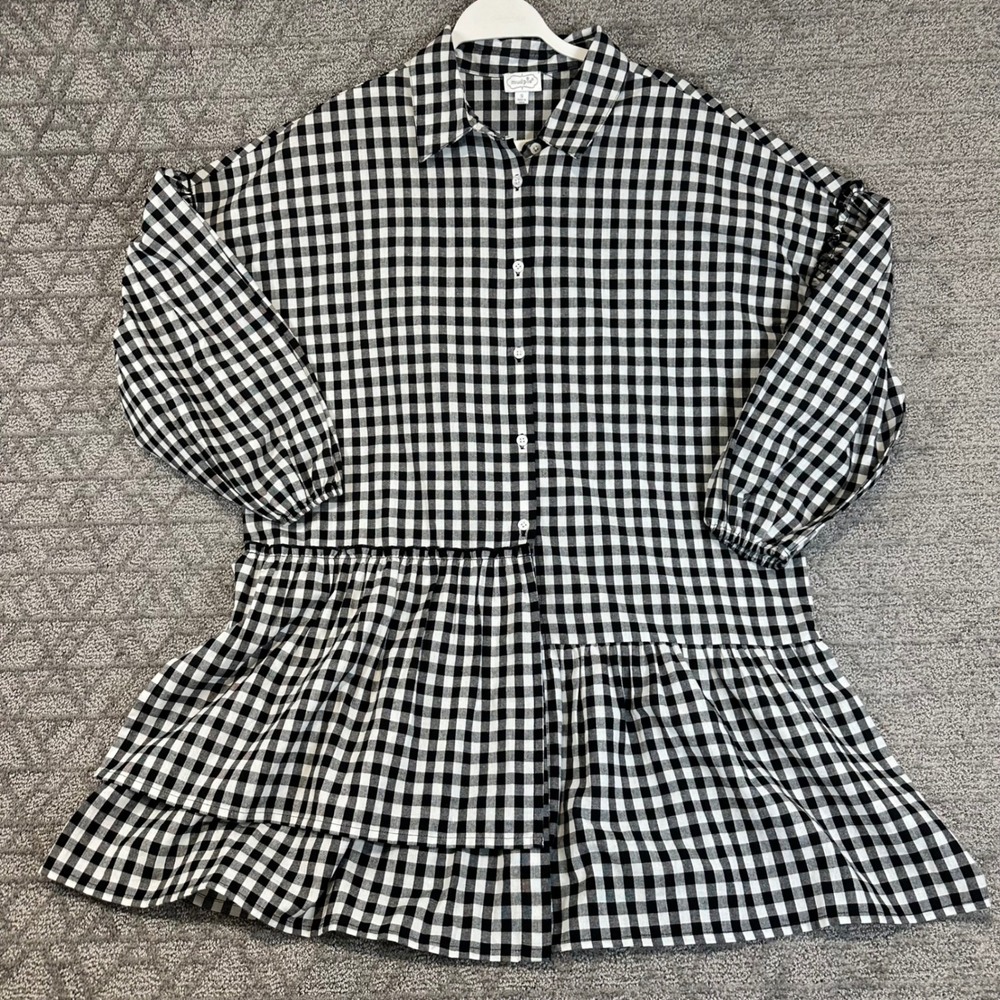 Mudpie Black White Gingham Check‎ Ruffle Tiered Shirt Dress Size S Long Sleeve